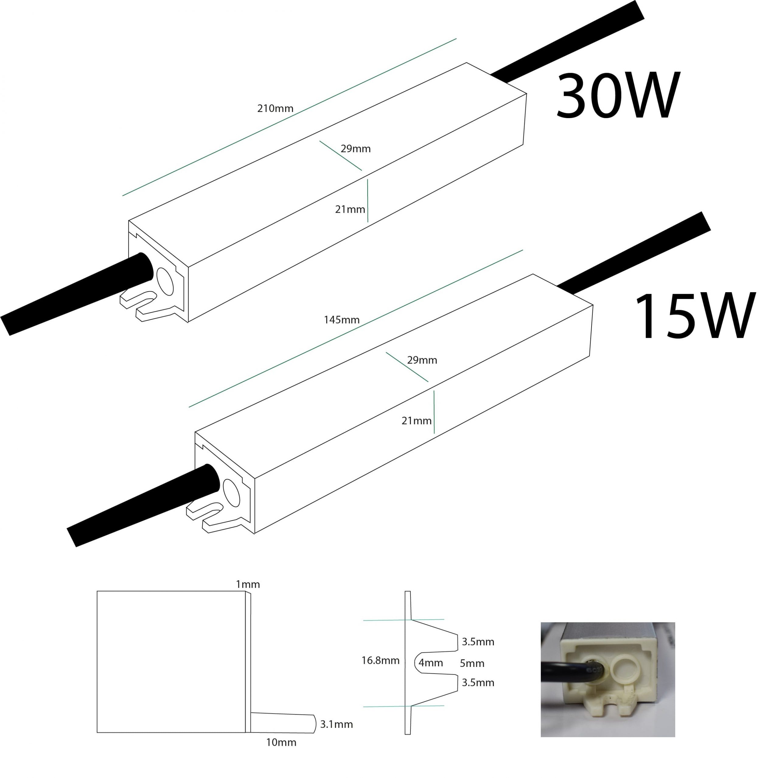 15W & 30W 24V LED Driver Dimensions